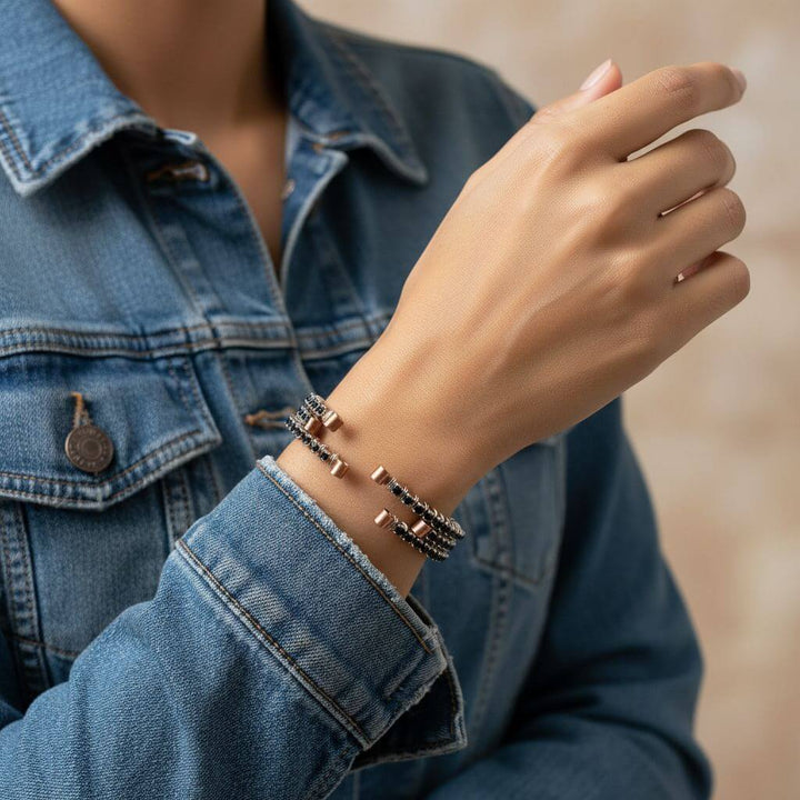 Wire Wrapped Copper Silver Black Crystal Rhinestone Bangle