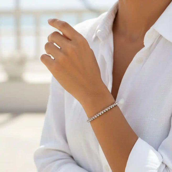 Catch-Free Crystal Rhinestone Tennis Bracelet Bangle worn on a woman&