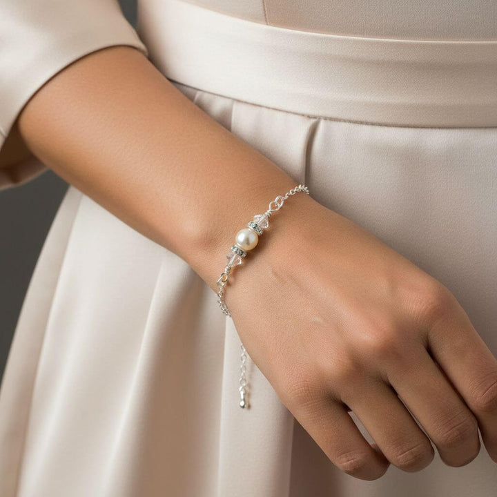 Silver Swarovski Crystal Pearl Bar Bridal Bracelet