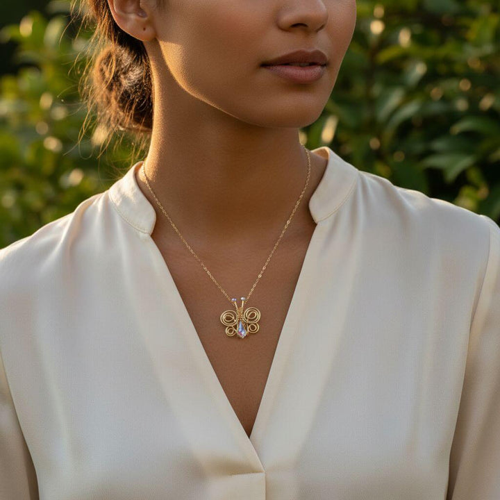 Handmade Wire Sculpted Crystal Butterfly Necklace