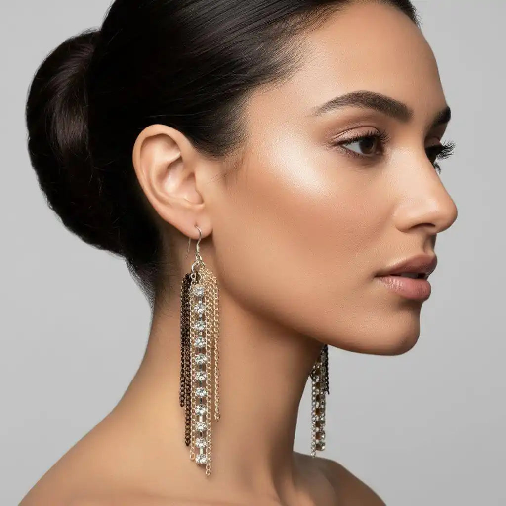 Model showcasing Rhinestone Crystal Chain Fringe Earrings with cascading chains and sparkling rhinestones.