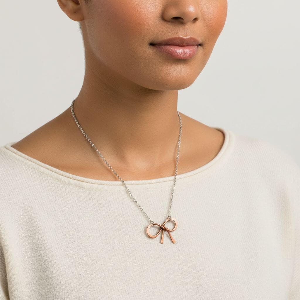 Wire Wrapped Copper Bow Tie  Silver Chain Necklace