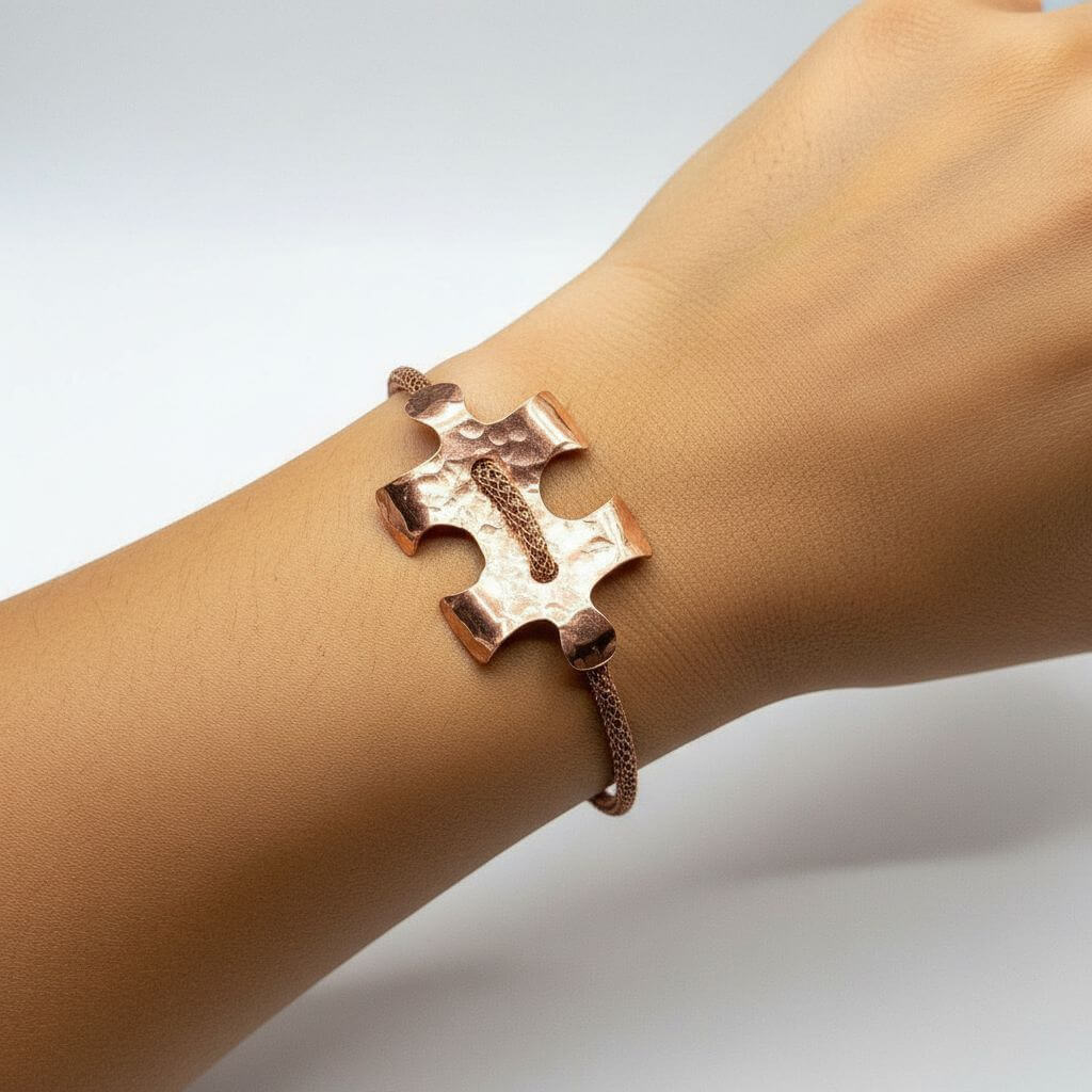 Copper Puzzle Piece Button Viking Knit Autism Awareness Bracelet