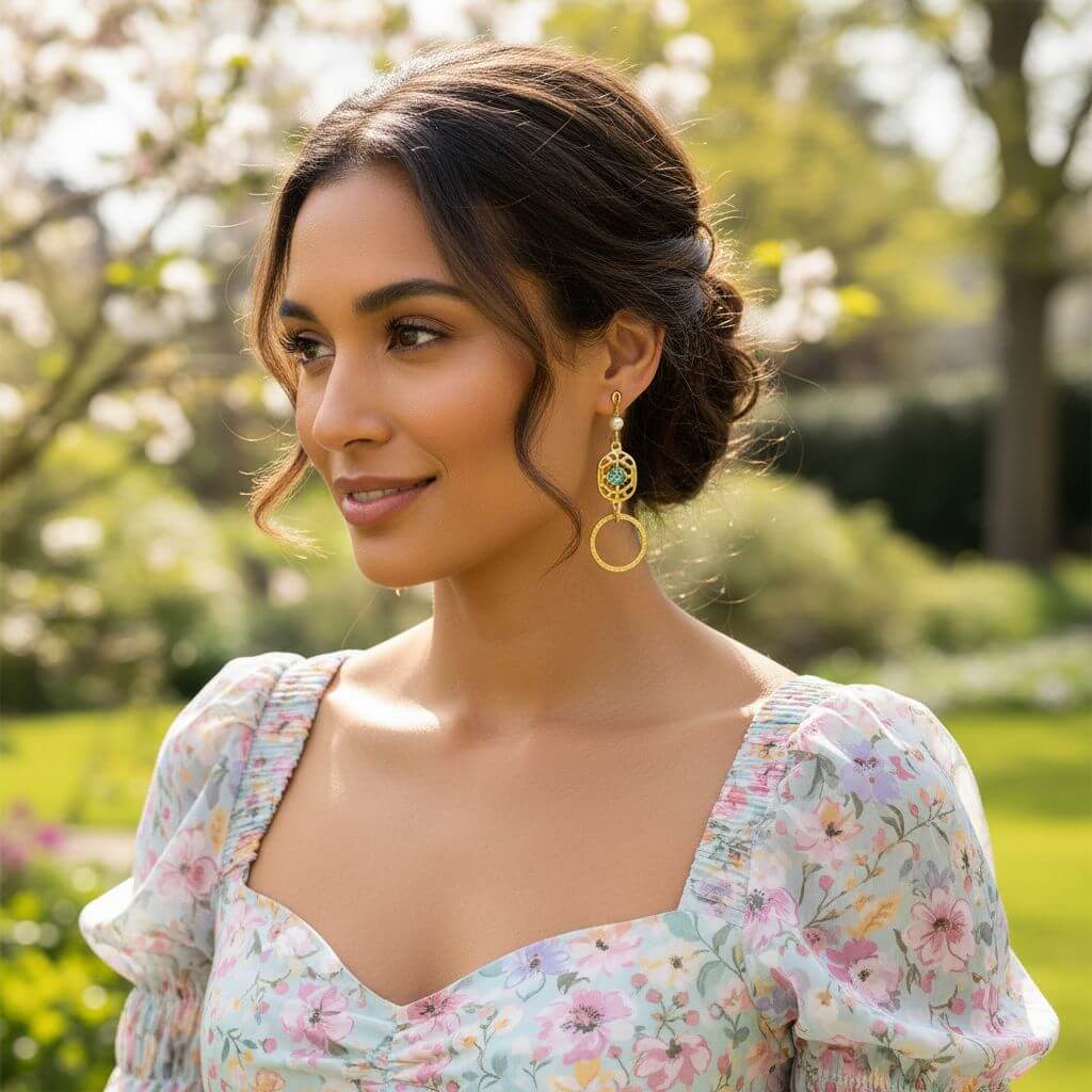 14 KT Gold Filled Green Crystal Hammered Circle Filigree Earrings