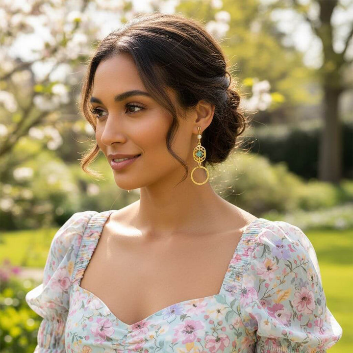 14 KT Gold Filled Green Crystal Hammered Circle Filigree Earrings