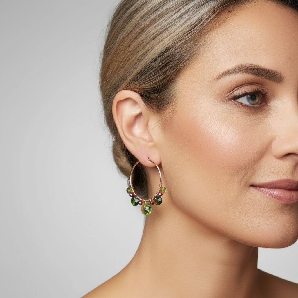 14 K Rose Gold Filled Red Green Holly Berry Crystal Hoops