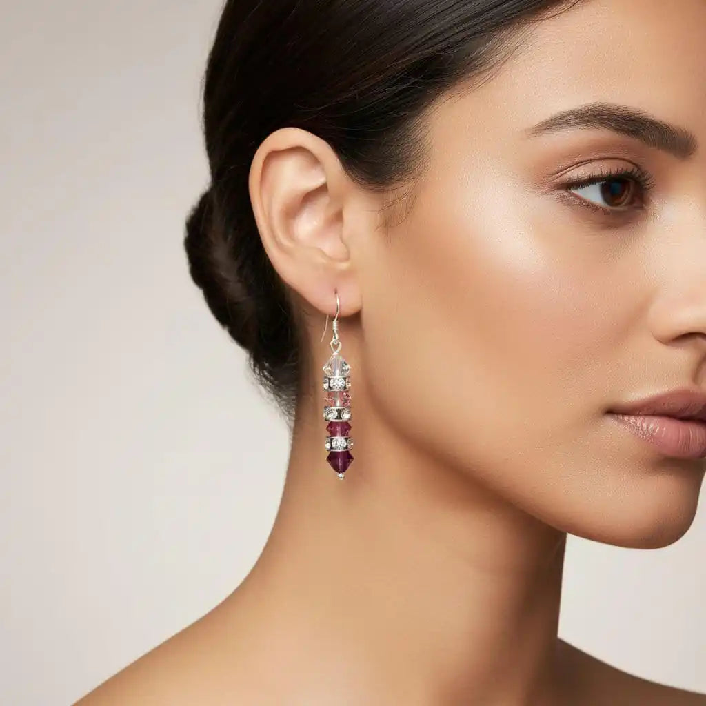 Hot Pink Ombre Stacked Crystal Sterling Silver Earrings showcased on a model, highlighting their sparkle and elegance.
