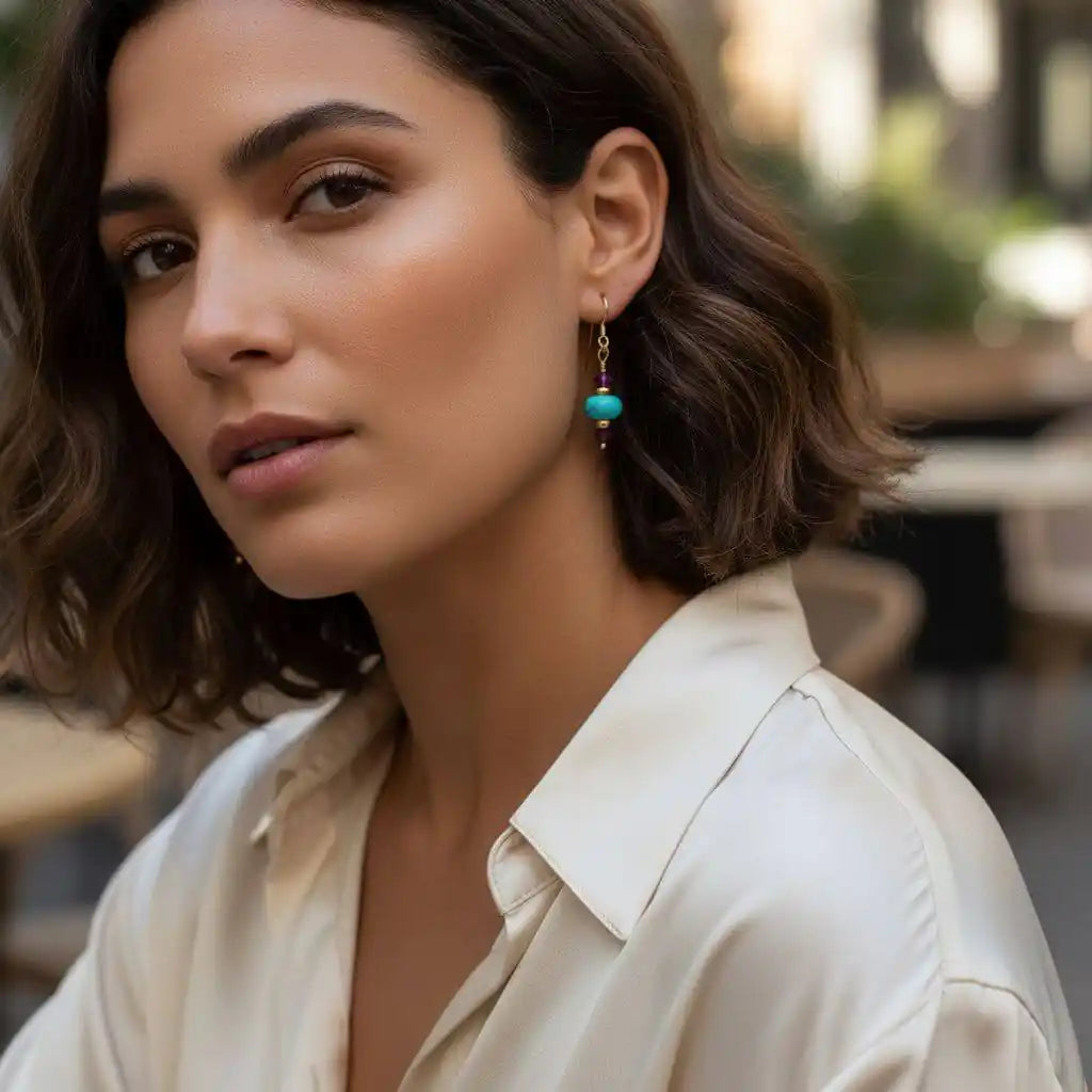 Hot Pink and Turquoise Gemstone14 K Gold Filled Earrings worn by model, showcasing vibrant colors and elegant design.