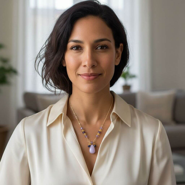 Lavender Candy Jade Drop Gold Wire Wrapped Necklace