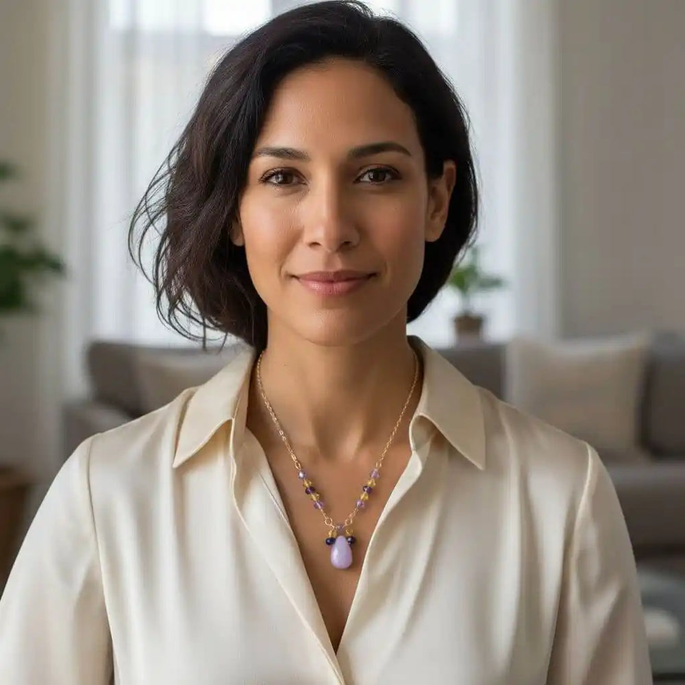 Model wearing Lavender Candy Jade Drop Gold Wire Wrapped Necklace showcasing lavender-pink candy jade and Swarovski crystals.