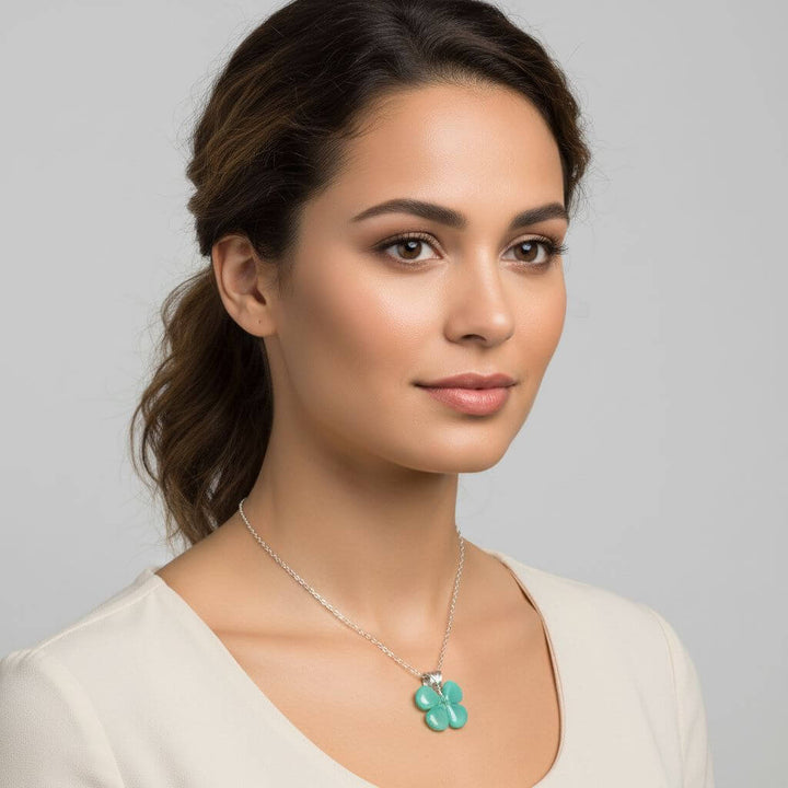 Mint Green Beaded Clover Necklace worn by a model, showcasing the elegant clover design with Czech glass beads.