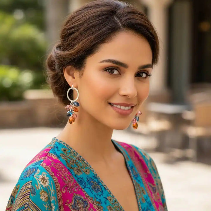 Silver Circle Multi Color Crystal Drop Dangle Earrings worn by a model showcasing elegant style outdoors.