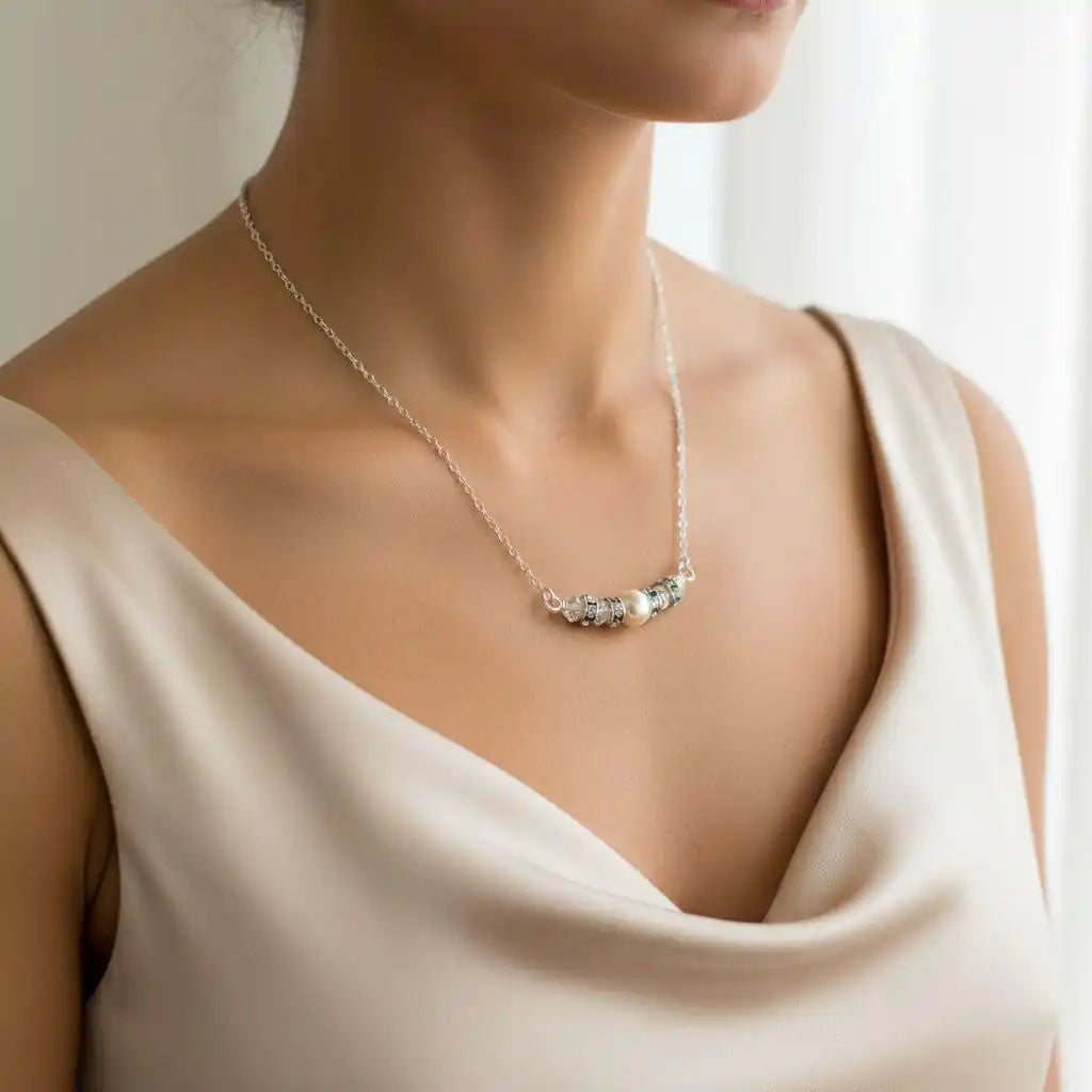 Silver Swarovski Crystal Pearl Bar Bridal Necklace worn by a model, showcasing elegance and style.