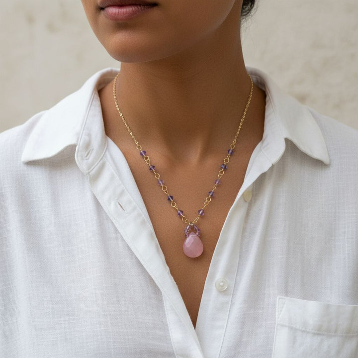 Purple Chalcedony Drop 14 KT Gold Filled Gemstone Necklace