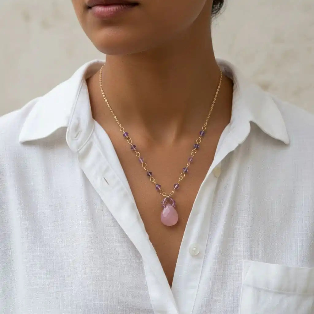 Purple Chalcedony Drop 14 KT Gold Filled Gemstone Necklace worn by a model, displayed elegantly against a white shirt.