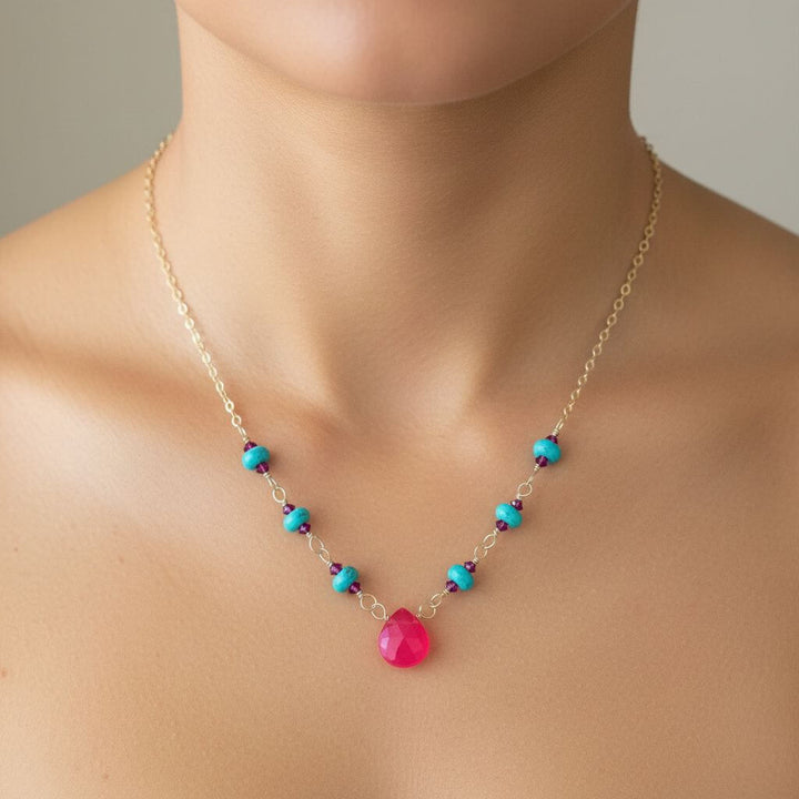 Gold Filled Pink Chalcedony Turquoise Gemstone Drop Necklace