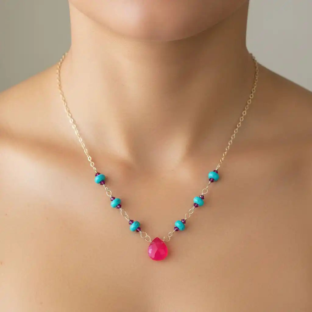 Gold Filled Pink Chalcedony Turquoise Gemstone Drop Necklace showcased on a model, featuring pink chalcedony and turquoise gemstones.