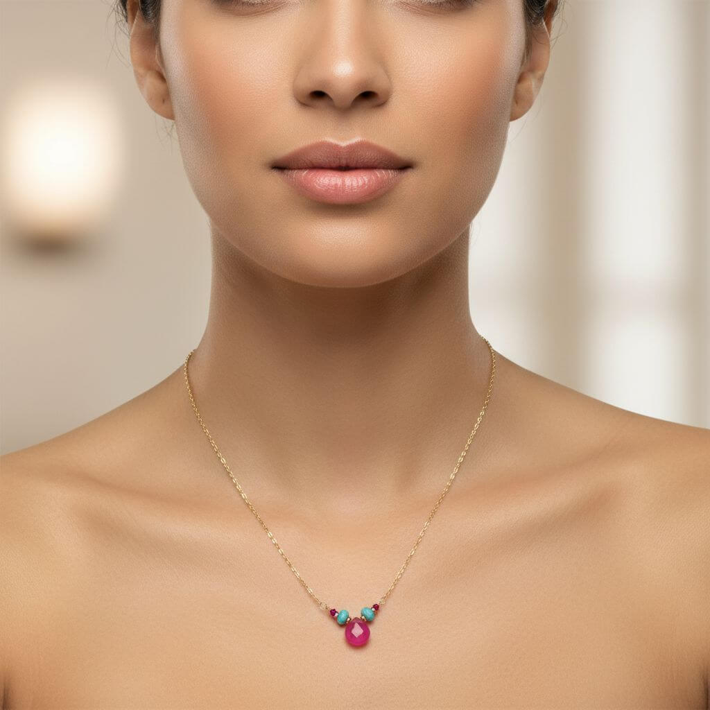 Gold Filled Turquoise and Pink Gemstone Drop Necklace