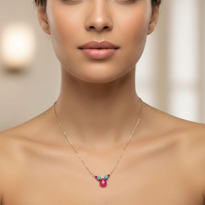 Gold Filled Turquoise and Pink Gemstone Drop Necklace