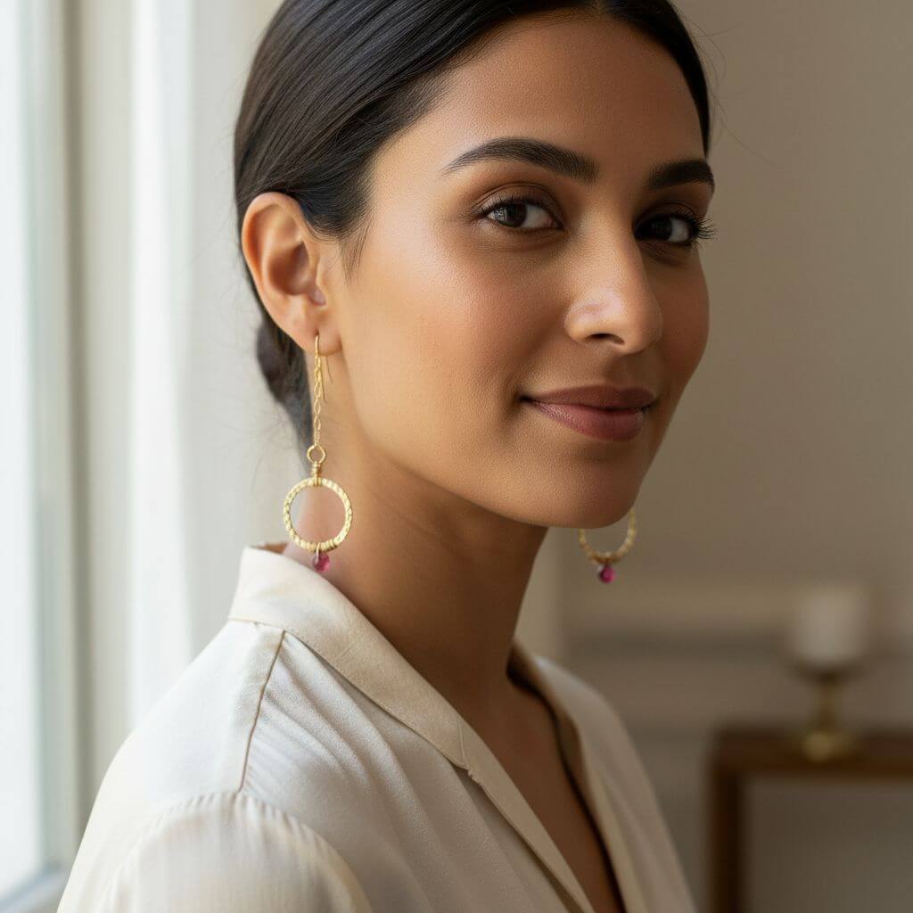 14 KT Gold Filled Wire Wrapped Pink Chalcedony Open Circle Earrings