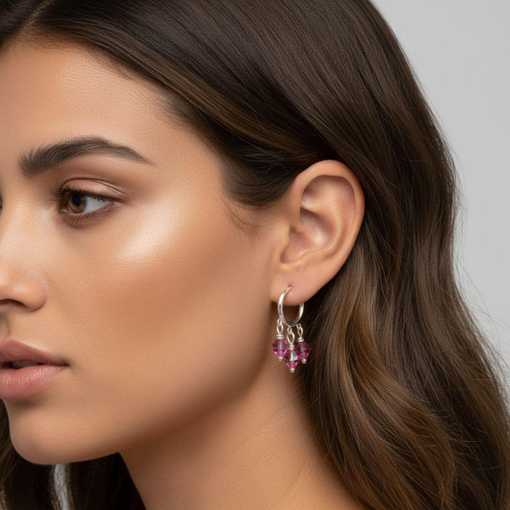 Mini Sterling Silver Hoop Pink Crystal Dangle Earrings
