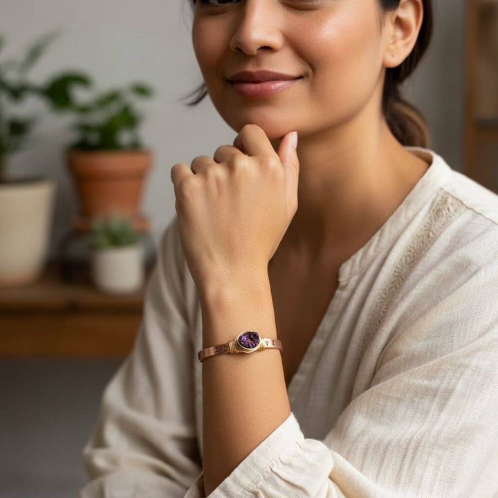 LOVE Stamped Gold Wire Wrapped Purple Druzy Copper Cuff