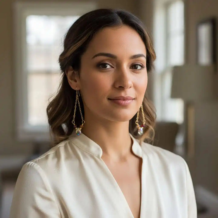 A model wearing mystic rainbow quartz drop gold filled earrings, showcasing their vibrant colors and elegant design.