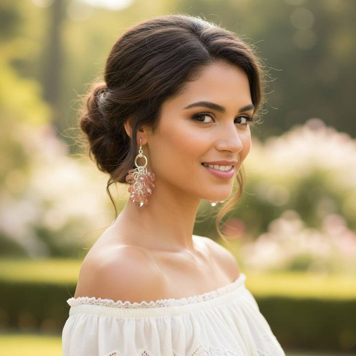 Rose Peach Crystal Sterling Silver Cluster Earrings