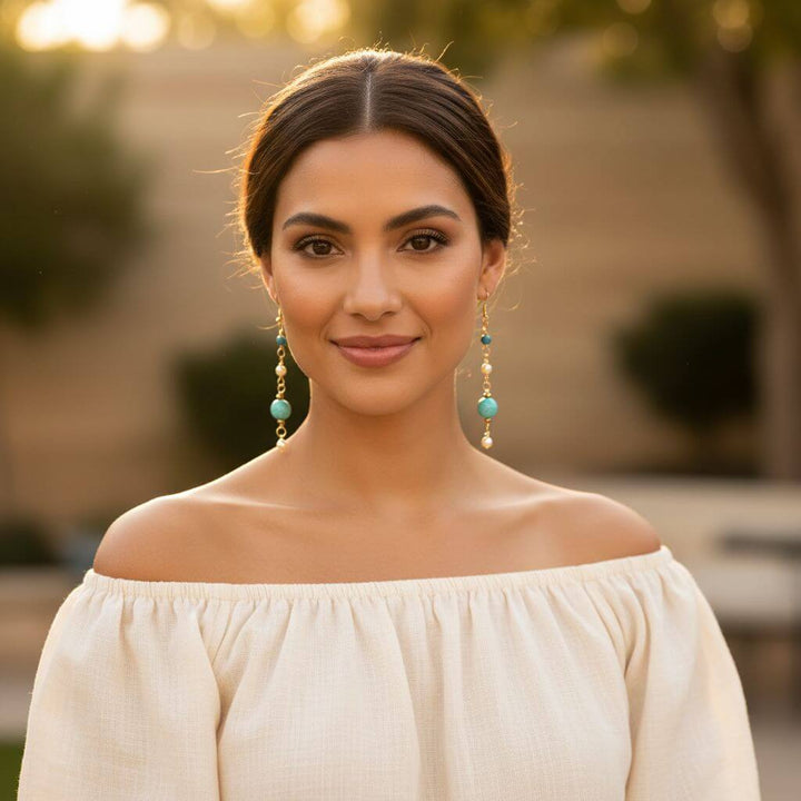 Long 14 K Gold Filled Turquoise Pearl Earrings