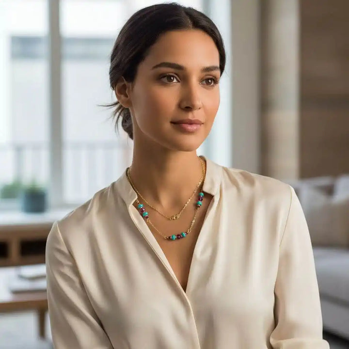 Wire Wrapped Gold Filled Pink Turquoise Gemstone Necklace worn by a model in a stylish blouse with natural light.