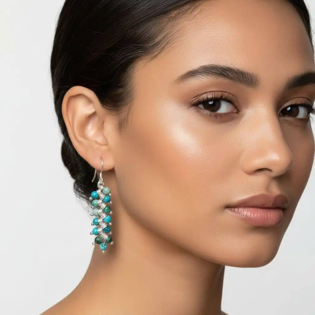 Seen On Jane The Virgin Silver Turquoise Wire Coil Earrings worn by model, showcasing bohemian elegance and artisan design.