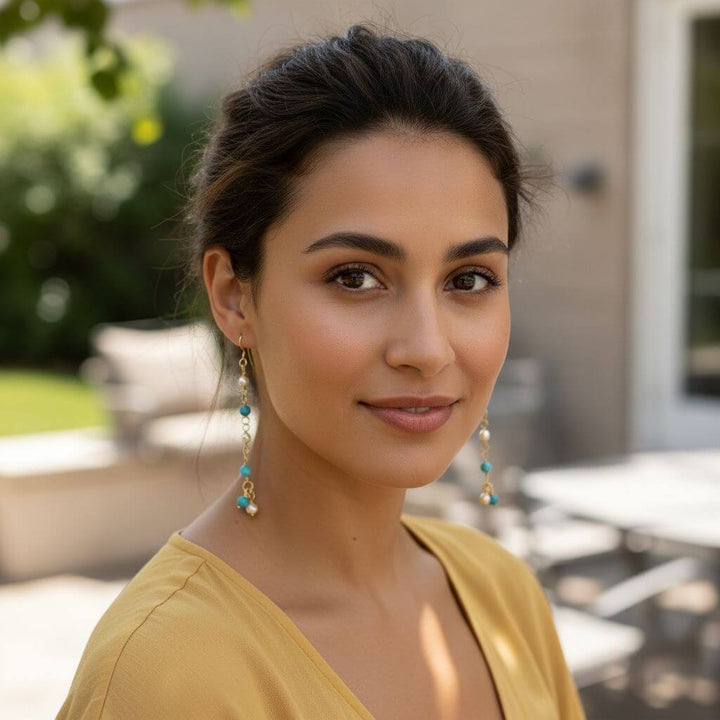 14 KT Gold Filled Wire Wrapped Long Turquoise Pearl Dangle Earrings