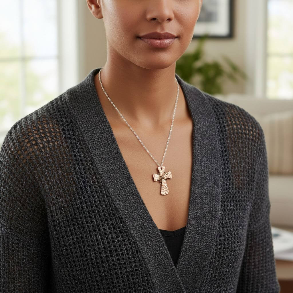 Chained Hammered Copper Cross Necklace For Him Or Her