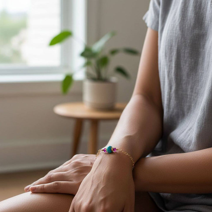14K Gold Filled Pink and Turquoise Gemstone Dainty Bracelet