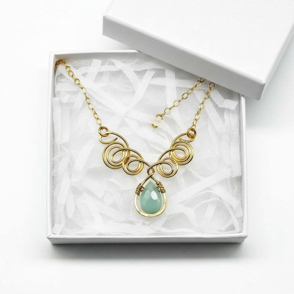 Gold Filled Wire Sculpted Mint Gemstone Drop Necklace