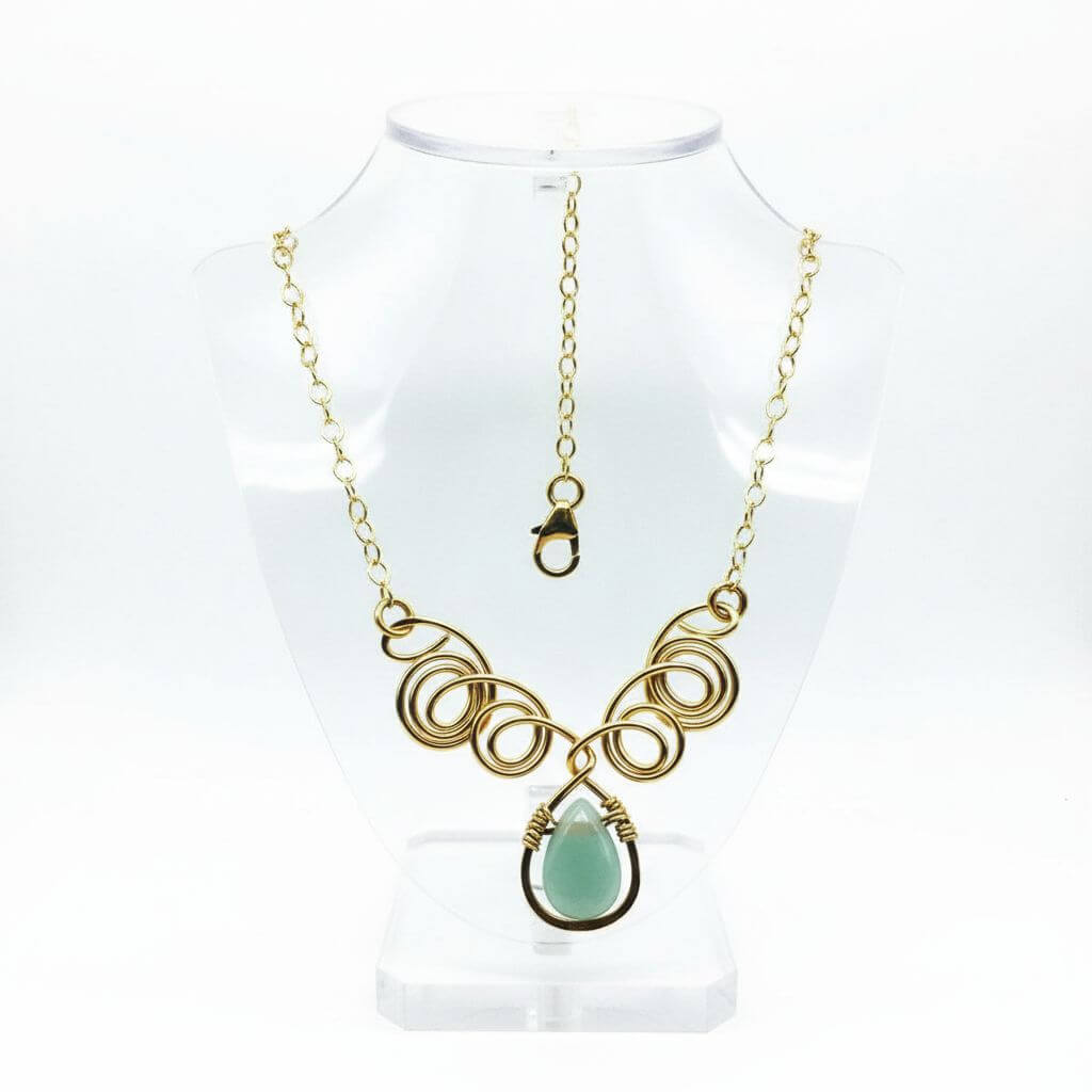 Gold Filled Wire Sculpted Mint Gemstone Drop Necklace