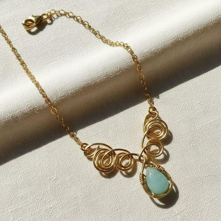 Gold Filled Wire Sculpted Mint Gemstone Drop Necklace