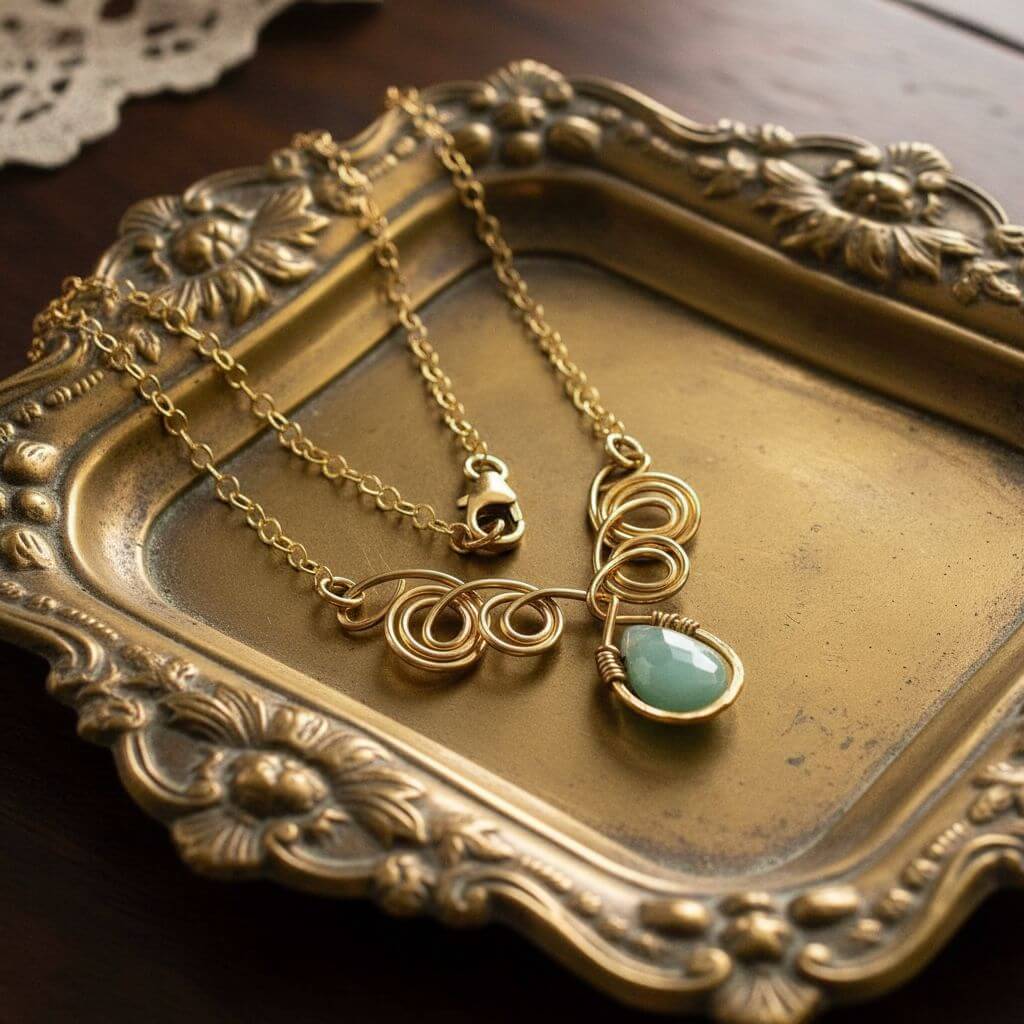 Gold Filled Wire Sculpted Mint Gemstone Drop Necklace
