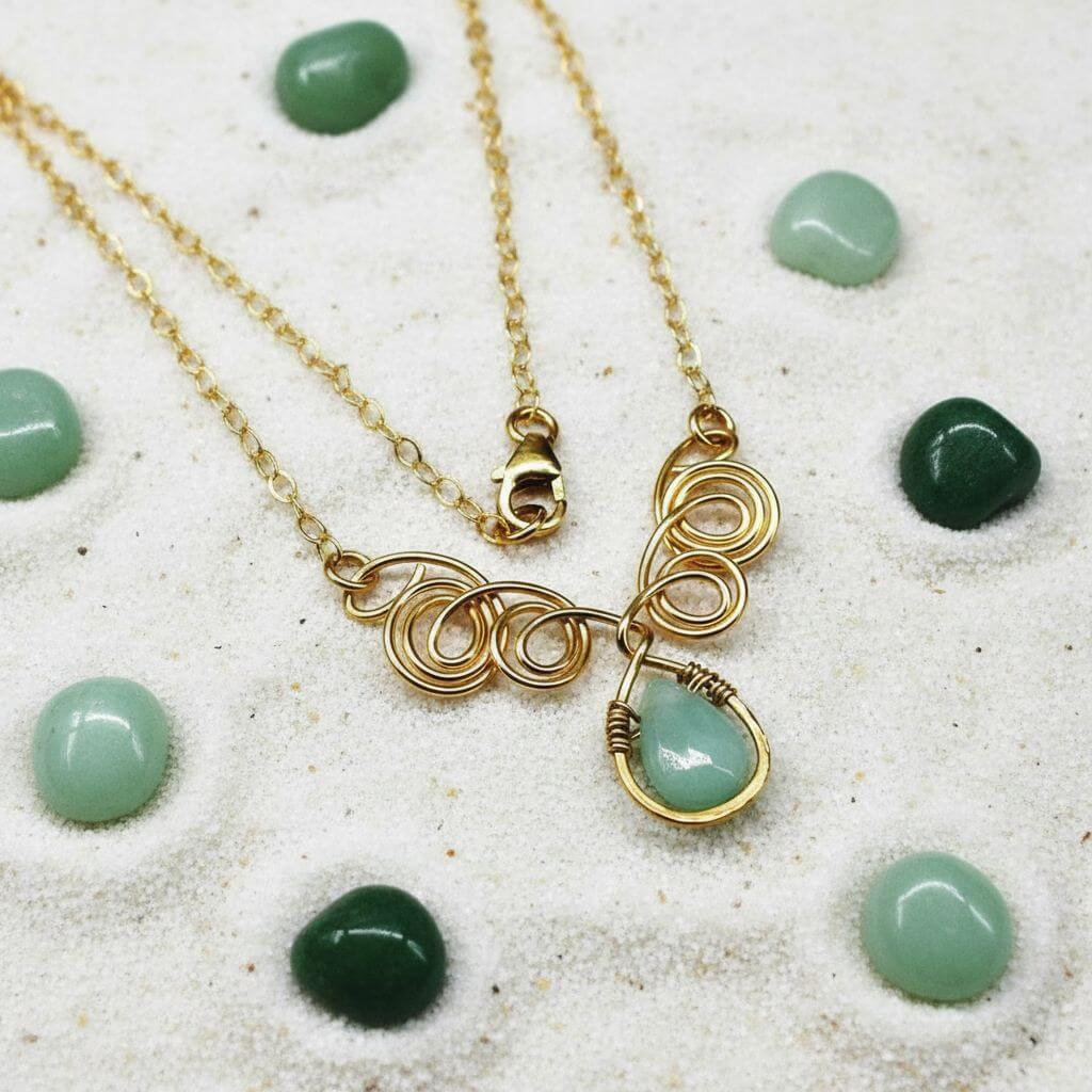 Gold Filled Wire Sculpted Mint Gemstone Drop Necklace