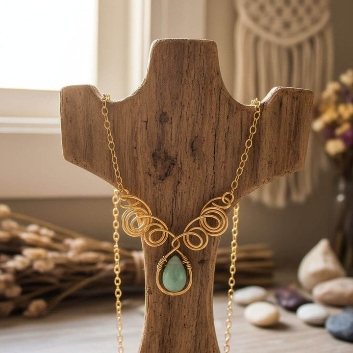 Gold Filled Wire Sculpted Mint Gemstone Drop Necklace
