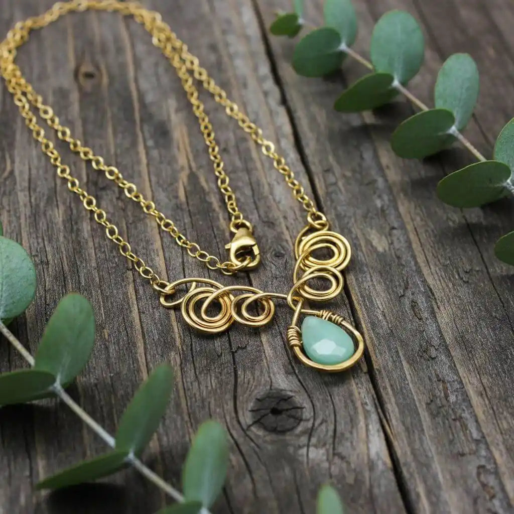 Gold Filled Wire Sculpted Mint Gemstone Drop Necklace