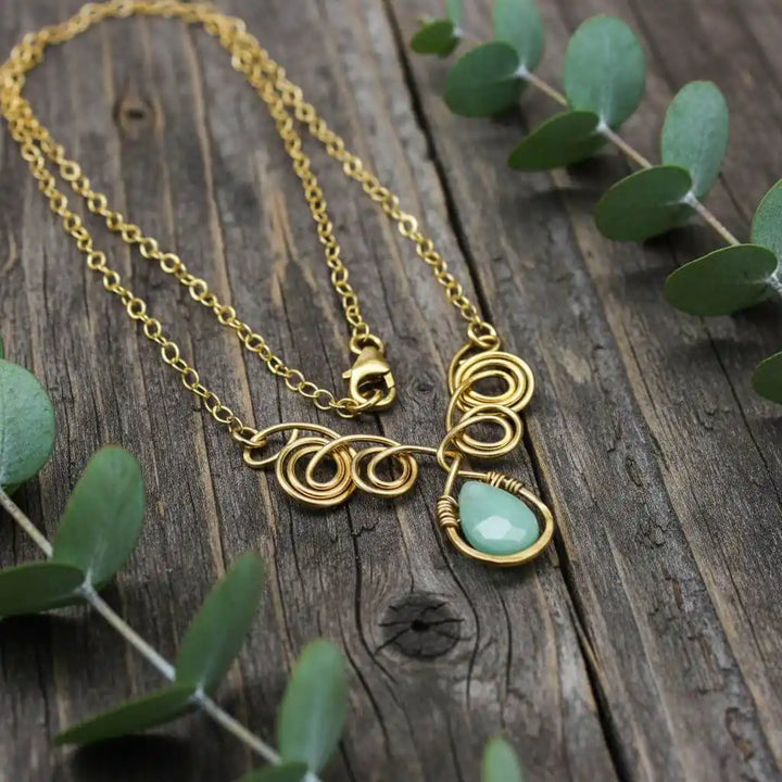 Gold Filled Wire Sculpted Mint Gemstone Drop Necklace
