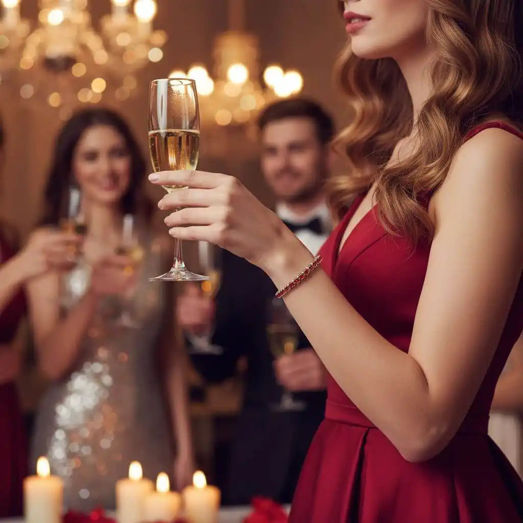 Elegant woman in red dress wearing a Wire Wrapped Red Crystal Tennis Bracelet Bangle while toasting with champagne.