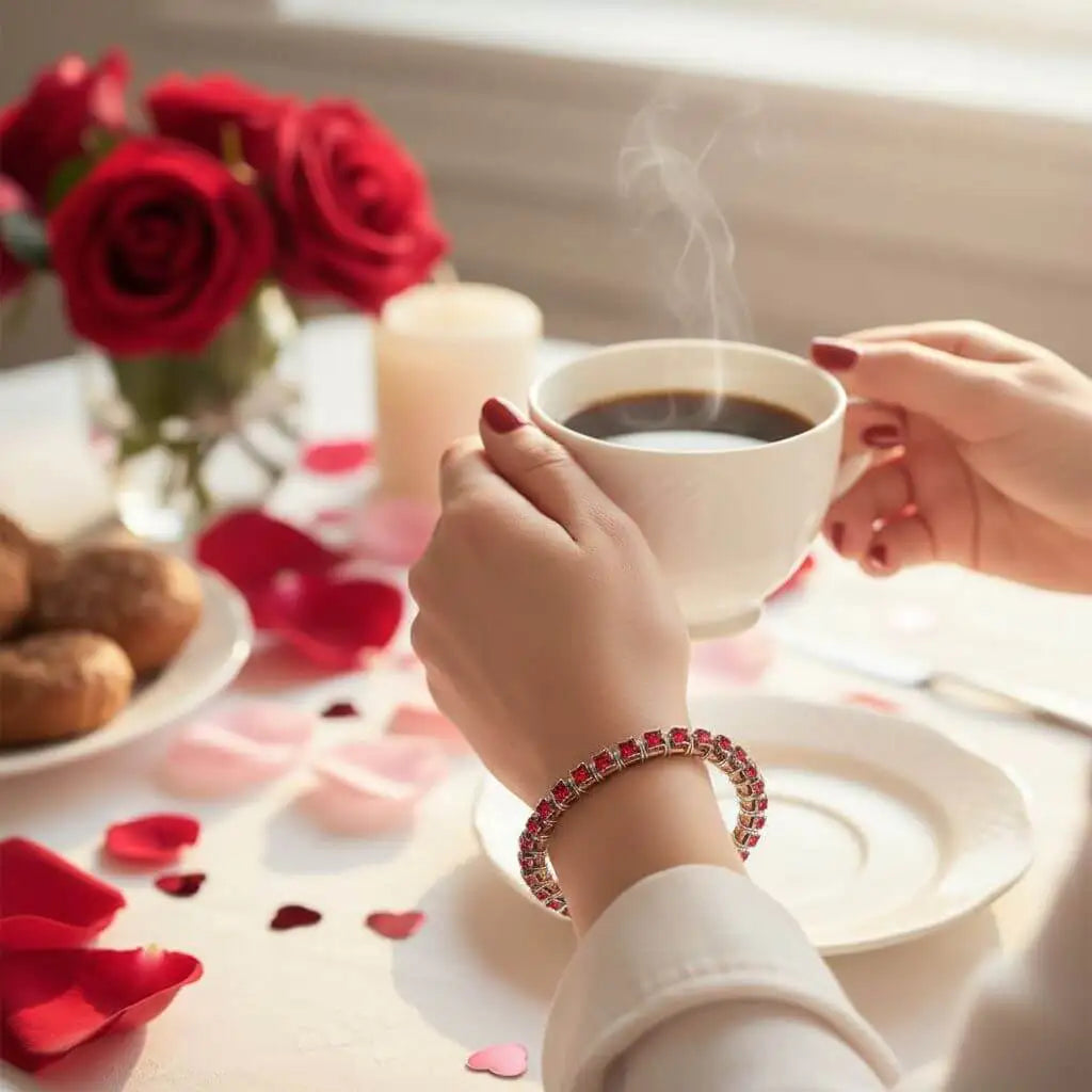 Wire Wrapped Red Crystal Tennis Bracelet Bangle worn while enjoying coffee with roses in the background.