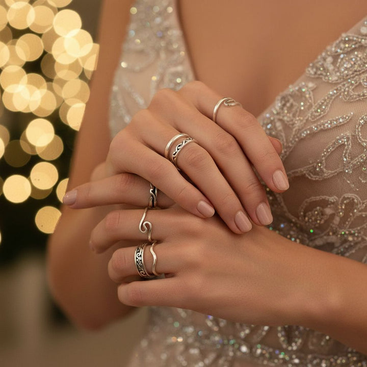 Assorted Sterling Silver Pinky-Toe Band Rings and Sculpted Ocean Wave Rings