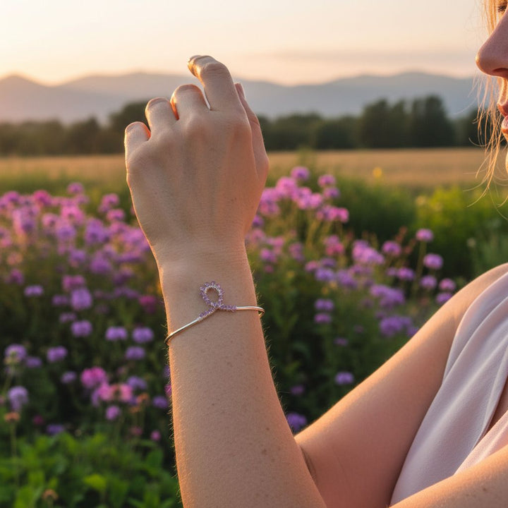 Lavender Crystal Cancer Ribbon Awareness Bangle