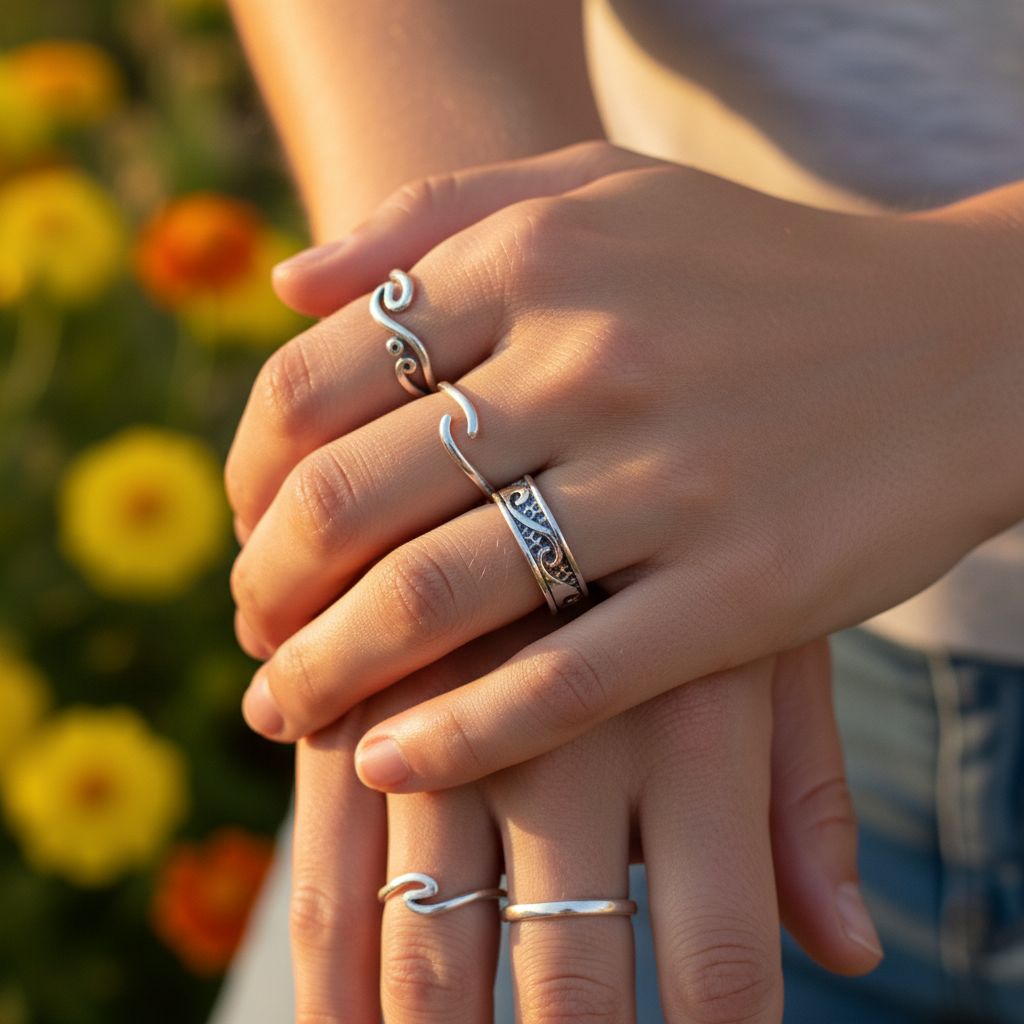 Assorted Sterling Silver Pinky-Toe Band Rings and Sculpted Ocean Wave Rings