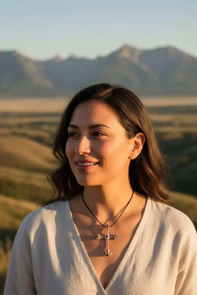 Large Wire Woven Copper Silver Amethyst Cross Necklace worn by a woman in a scenic landscape.