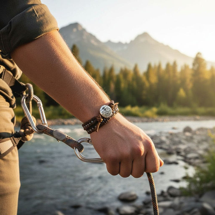 Tree of Life Button Brown Gray Leather Wrap Seed Bead Bracelet