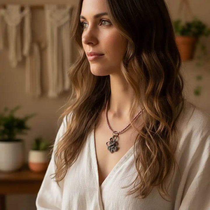 Model wearing Reversible Interchangeable Copper Wire Sculpted Necklaces, showcasing its unique artisan design.